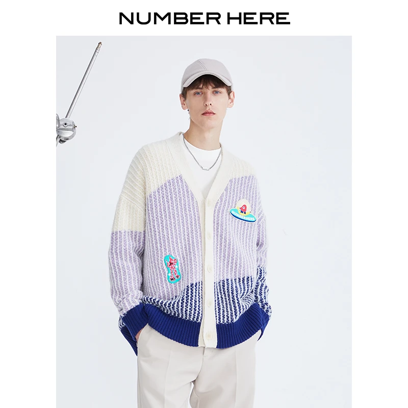 NUMBER HERE 春秋新款拼接刺绣毛织开衫宽松毛衣针织衫NH14M099