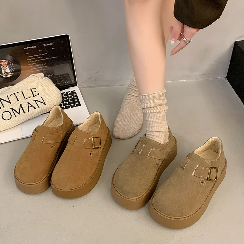 芊一 休闲复古百搭加绒厚底平底保暖冬季栗子色勃肯鞋WBL