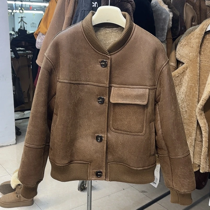 福利品【阿美推荐真皮毛一体】KM-66复古做旧磨砂棒球服皮草外套