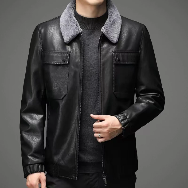 【海宁皮衣】男士皮毛一体加绒加厚皮衣夹克外套工装休闲商务外套