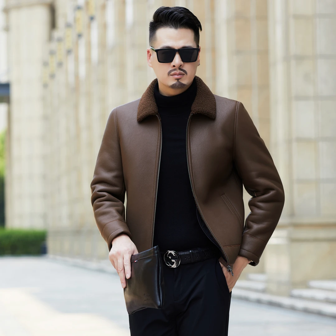 【海宁皮衣】秋冬厚款男士时尚都市皮毛一体夹克男短款皮衣厚外套