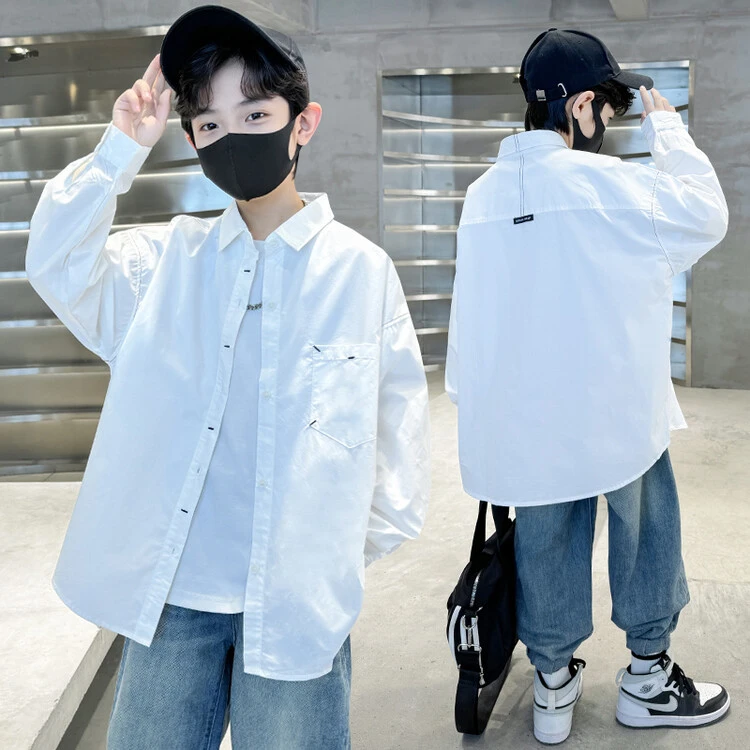 男童春秋装长袖衬衫2024新款中大儿童男孩春秋季纯色百搭衬衣外套