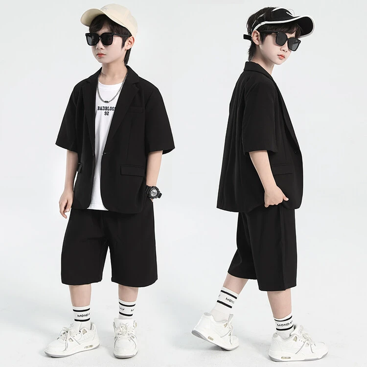 男童夏季短袖西服套装2024新款中大童男孩帅气休闲西装短裤两件套