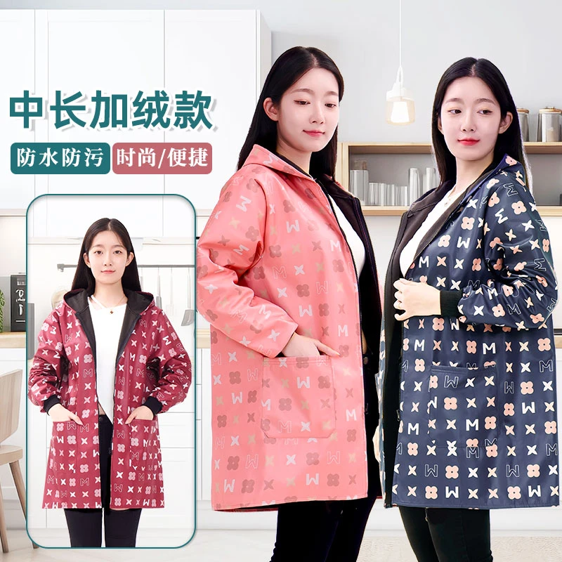 加绒罩衣成人防污防油冬季加厚长袖外套男女时尚工作服大口袋韩版