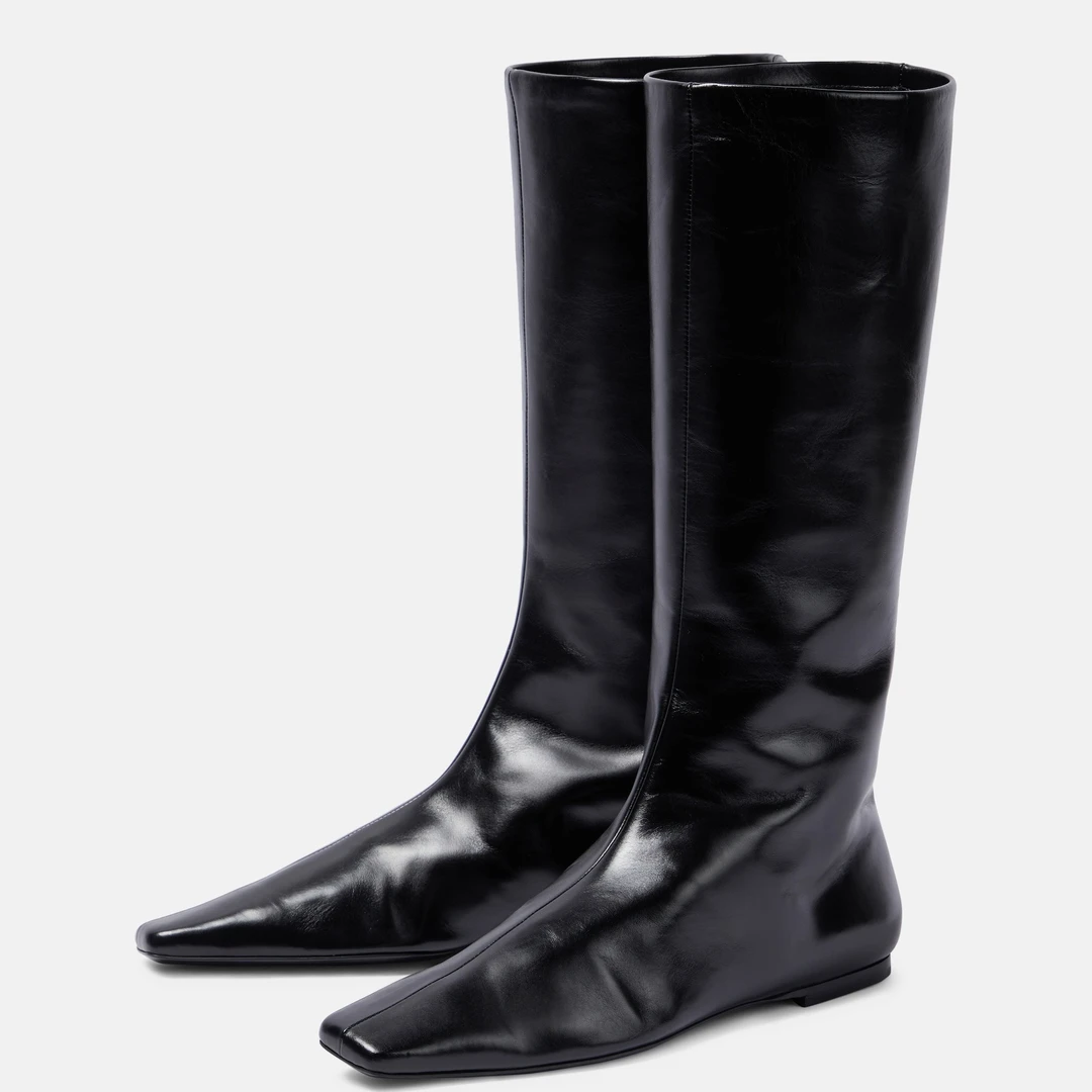 里外纯皮~高品质中筒靴 宽筒靴法式方头平底马丁靴 牛皮瘦瘦靴