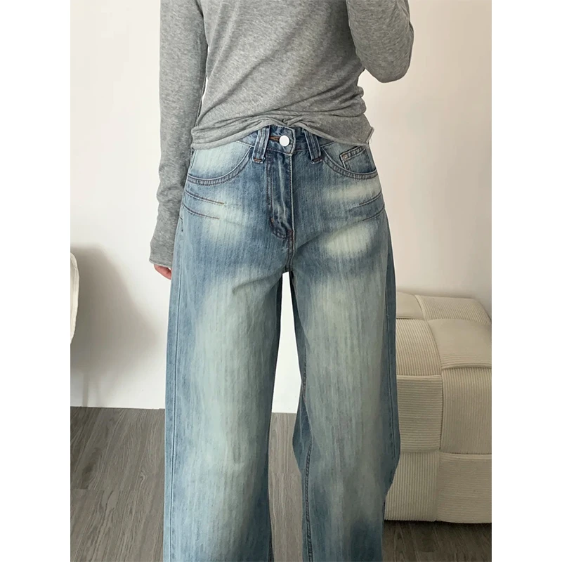 美式水洗磨白阔腿牛仔裤女款2025新款时尚潮流设计感宽松直筒长裤