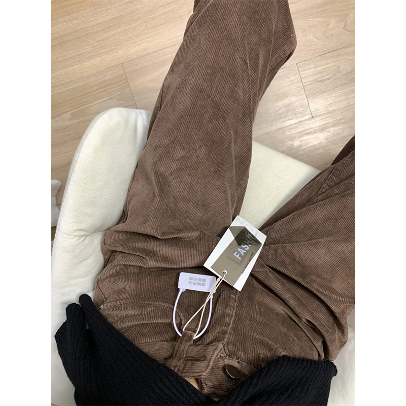 灯芯绒窄版阔腿牛仔裤女2025秋冬新款美拉德高腰直筒棕色拖地裤子