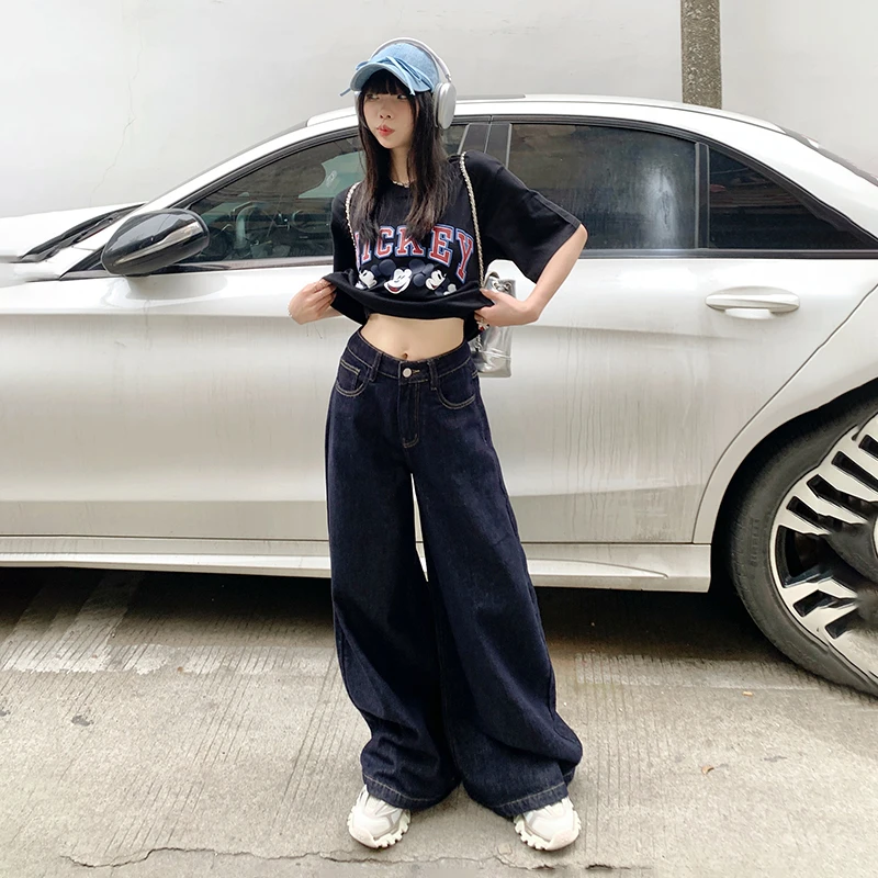 牛小莫美式深蓝阔腿牛仔裤女2025夏季高腰显瘦宽松垂感直筒拖地裤