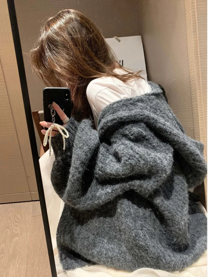 2024韩系灯笼袖连帽加厚粗针针织开衫女慵懒风宽松毛衣外套