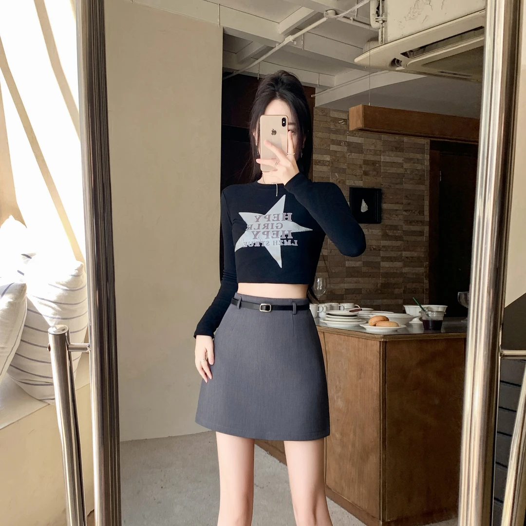 配腰带灰色西装半身裙2024春夏新款高腰显瘦包臀短裙防走光a字裙