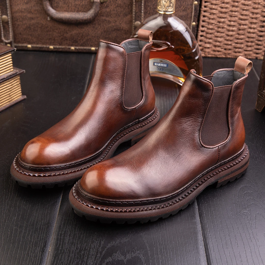 英伦风复古切尔西靴男真皮高帮厚底短靴休闲潮流靴子套脚手工皮靴