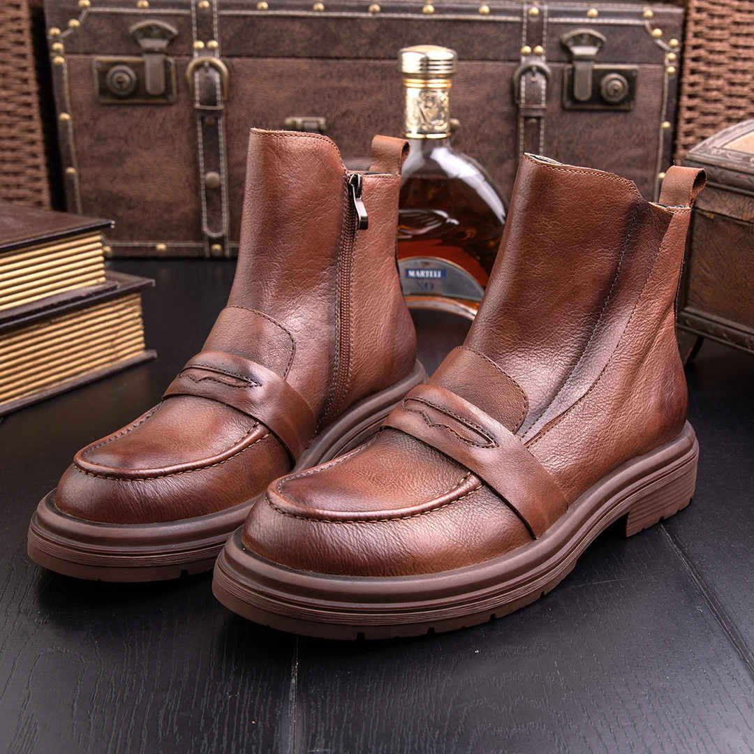 秋季新款英伦风复古马丁靴真皮男士时尚休闲百搭厚底靴子潮流皮靴