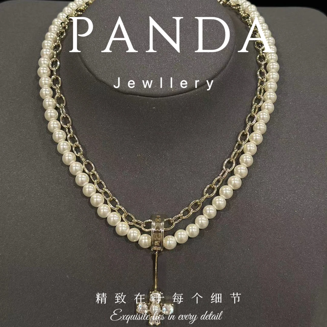 铜合金仿珍珠项链 贝珠链条拼接四叶草吊坠项链xn-252