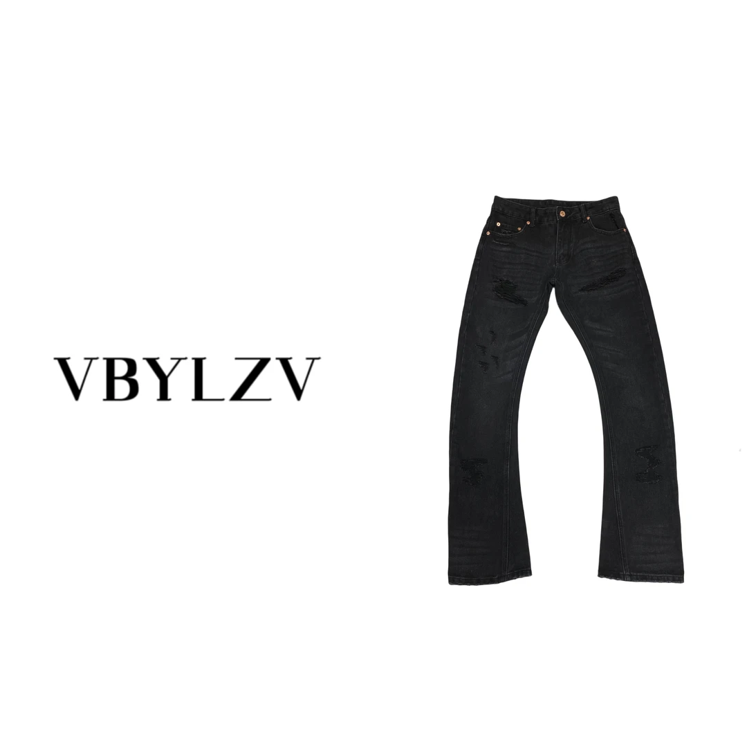 VBYLZV微喇剪裁圆弧无弹弯刀破洞 水洗牛仔裤