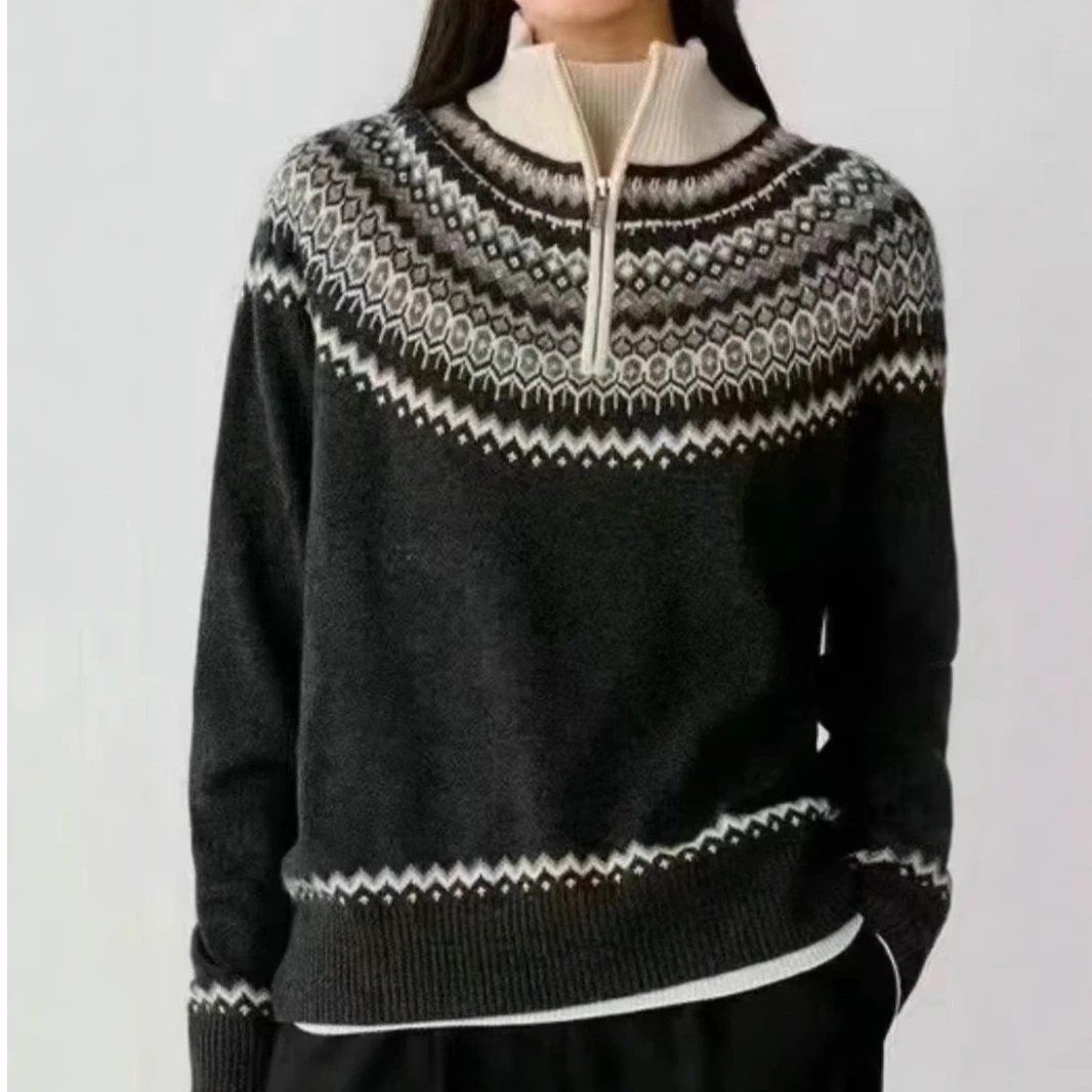 【臻雅】“菱格费尔岛”秋冬新款女士半拉链设计针织上衣