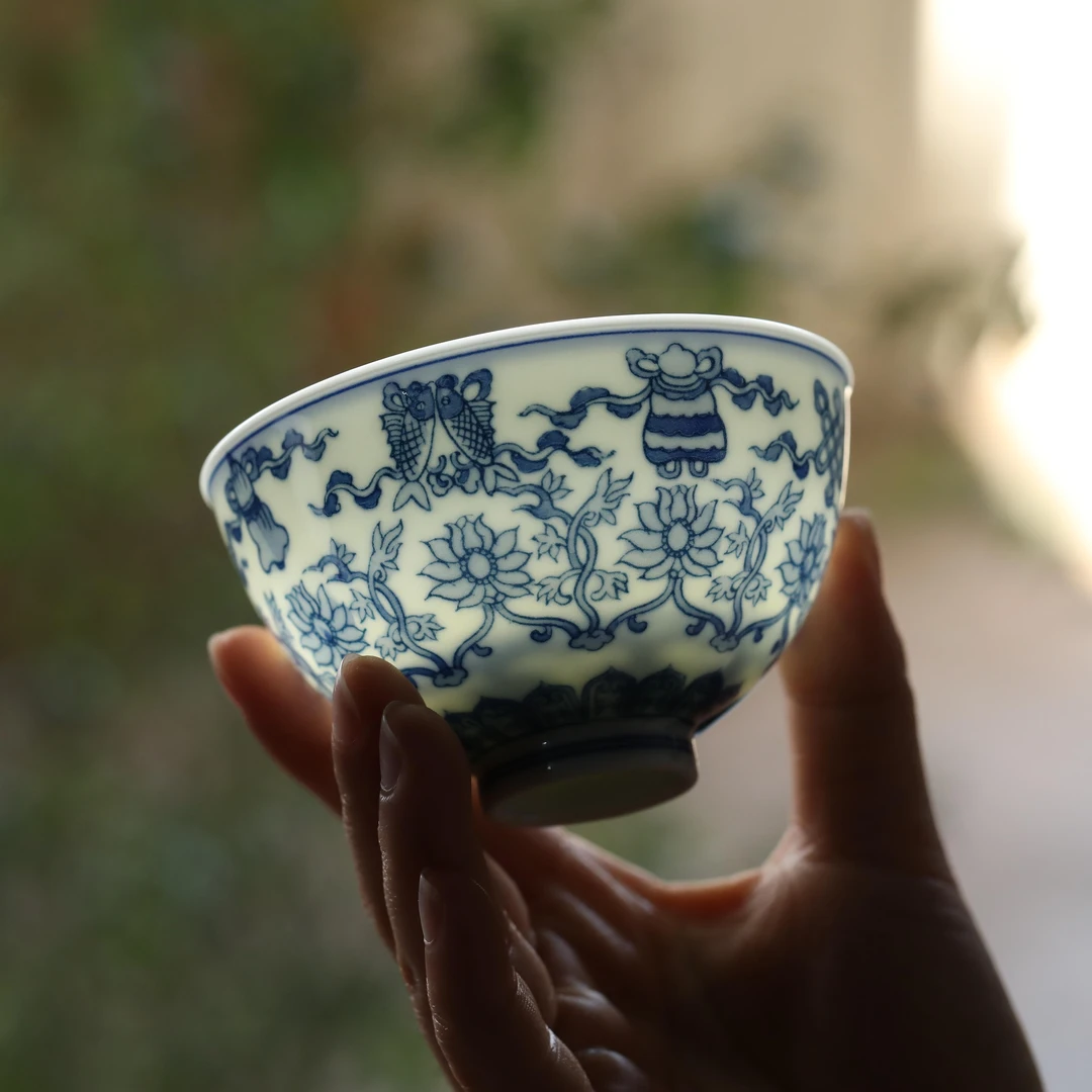 景德镇陶瓷云兮草堂莲托八宝鸡心杯  主人杯手绘龙纹柴窑釉里红