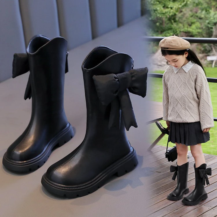 女童高筒靴2024秋冬新款时尚软底加绒长筒靴小女孩公主蝴蝶结皮靴