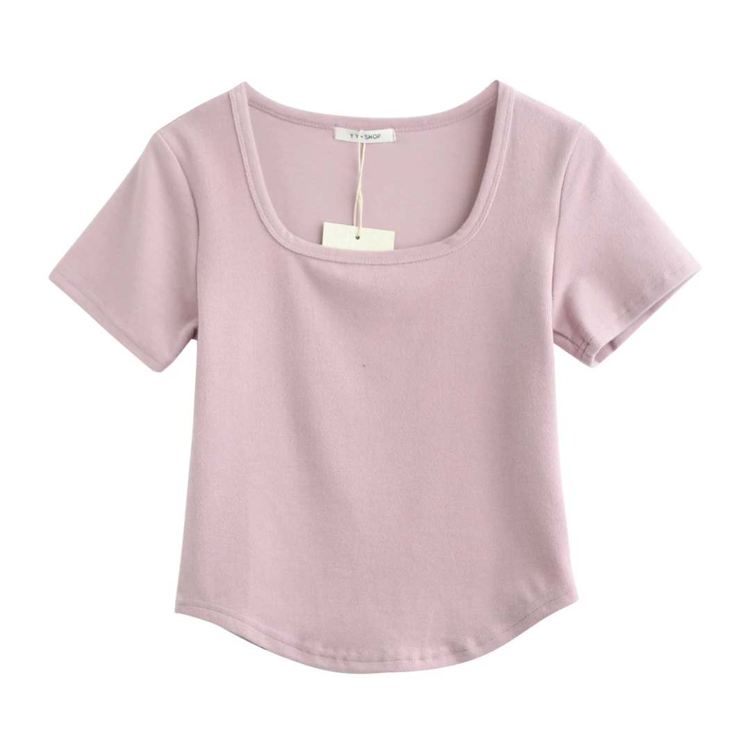 法式粉色正肩t恤女夏季方领短袖2025年新款辣妹修身显瘦短款上衣