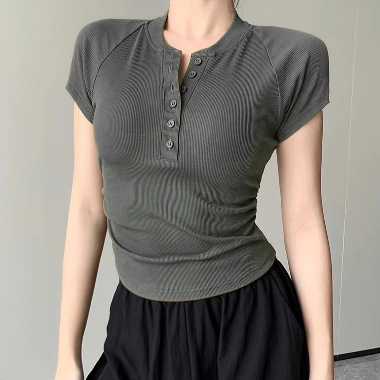 【特价】半开领掐腰显瘦短袖t恤女夏装新款插肩袖褶皱女装小衫上衣
