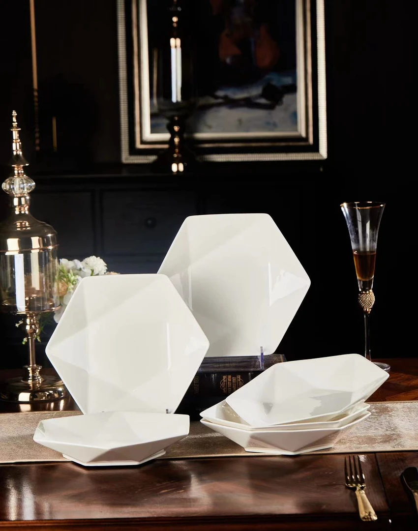 纯白钻石8英寸六角盘西餐盘景德镇家用骨瓷餐具不描金