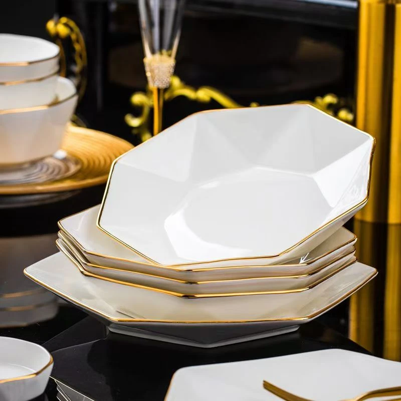 白色描金8英寸八角盘现代家用