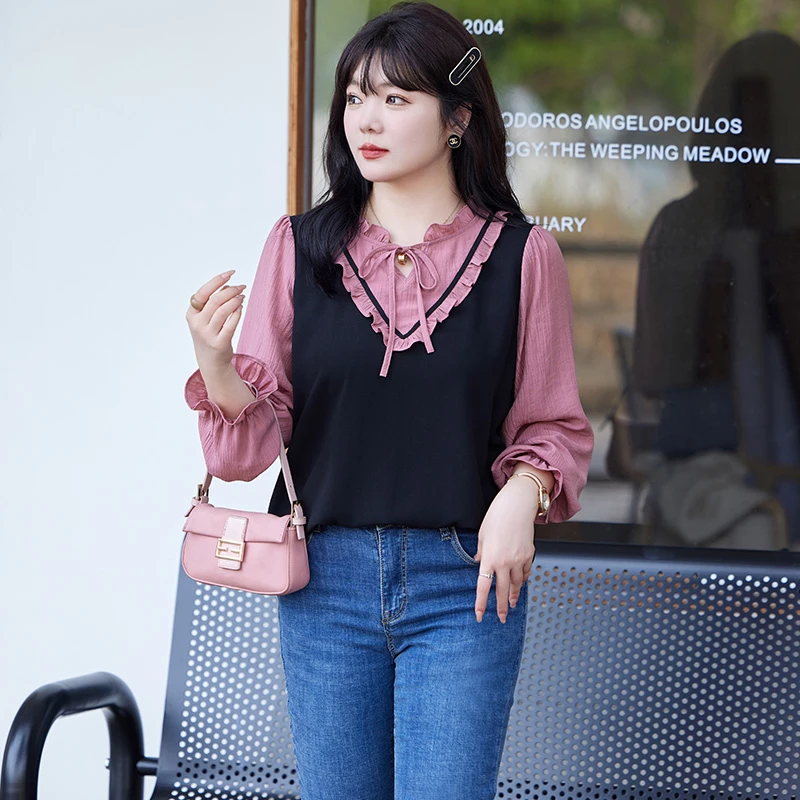 2023秋装新款减龄木耳边宽松遮肉显瘦胖MM假两件套头大码女装上衣