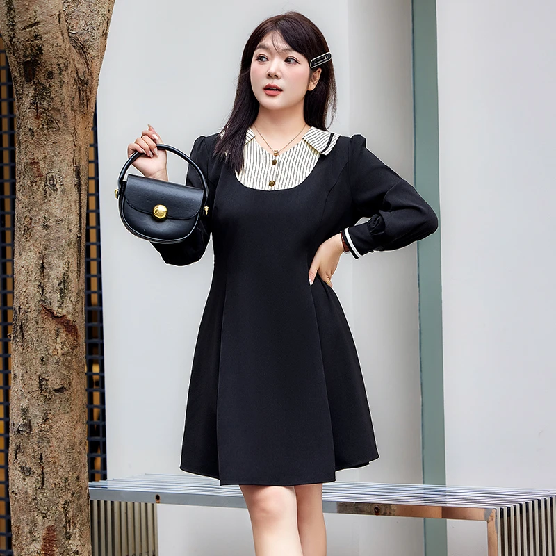 2024秋装新款气质V领收腰A字遮肉显瘦百搭长袖学院风条纹连衣裙