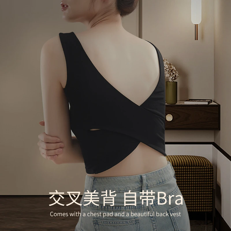 384夏季背心吊带女美背交叉修身显瘦性感带胸垫文胸一体上衣百搭