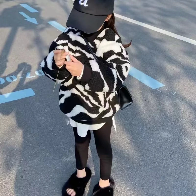 女童秋冬加绒羊羔绒卫衣中长款圆领假两件上衣