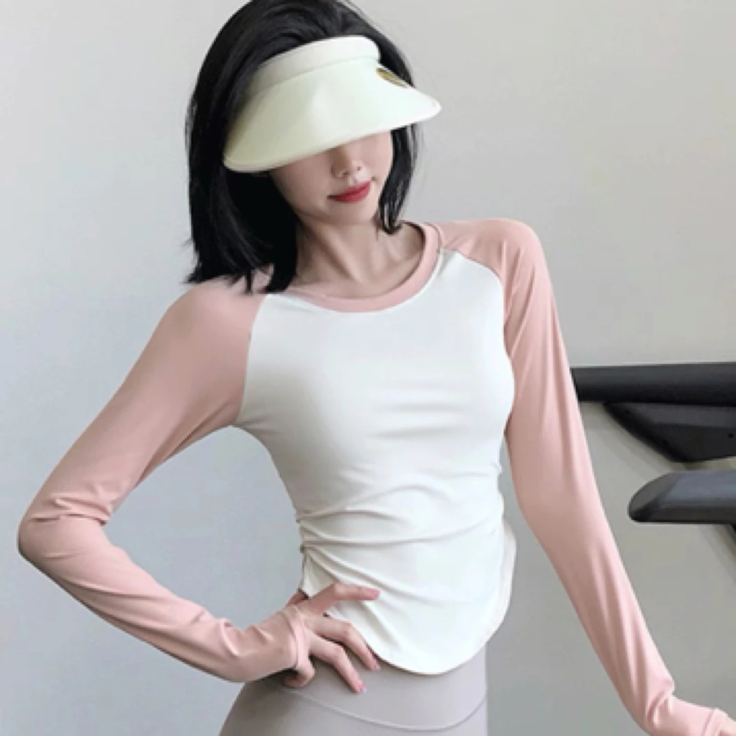 清仓处理拼色运动上衣紧身瑜伽服跑步训练圆领插肩长袖速干t恤秋