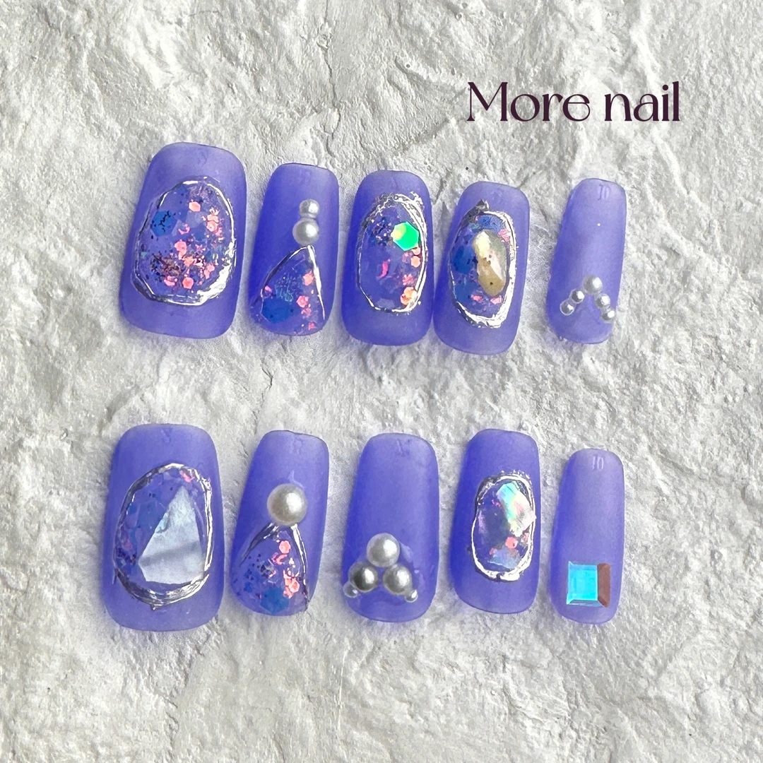 磨砂透紫独立设计师款手工穿戴甲冰透气质紫色梯形爆闪亮片高雅