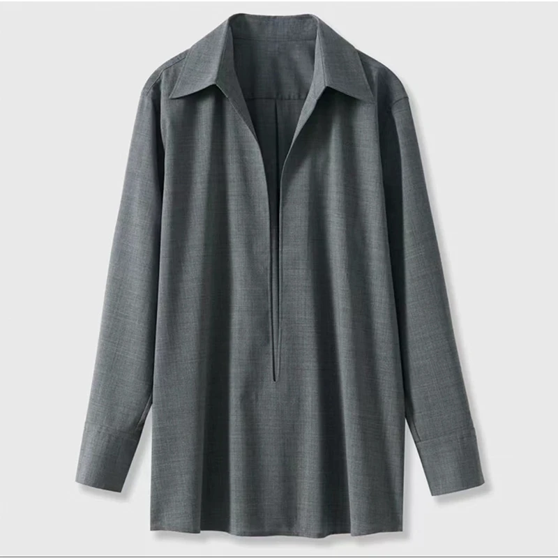 【炫喜】新款简约百搭POLO领深V衬衫秋冬款   C196