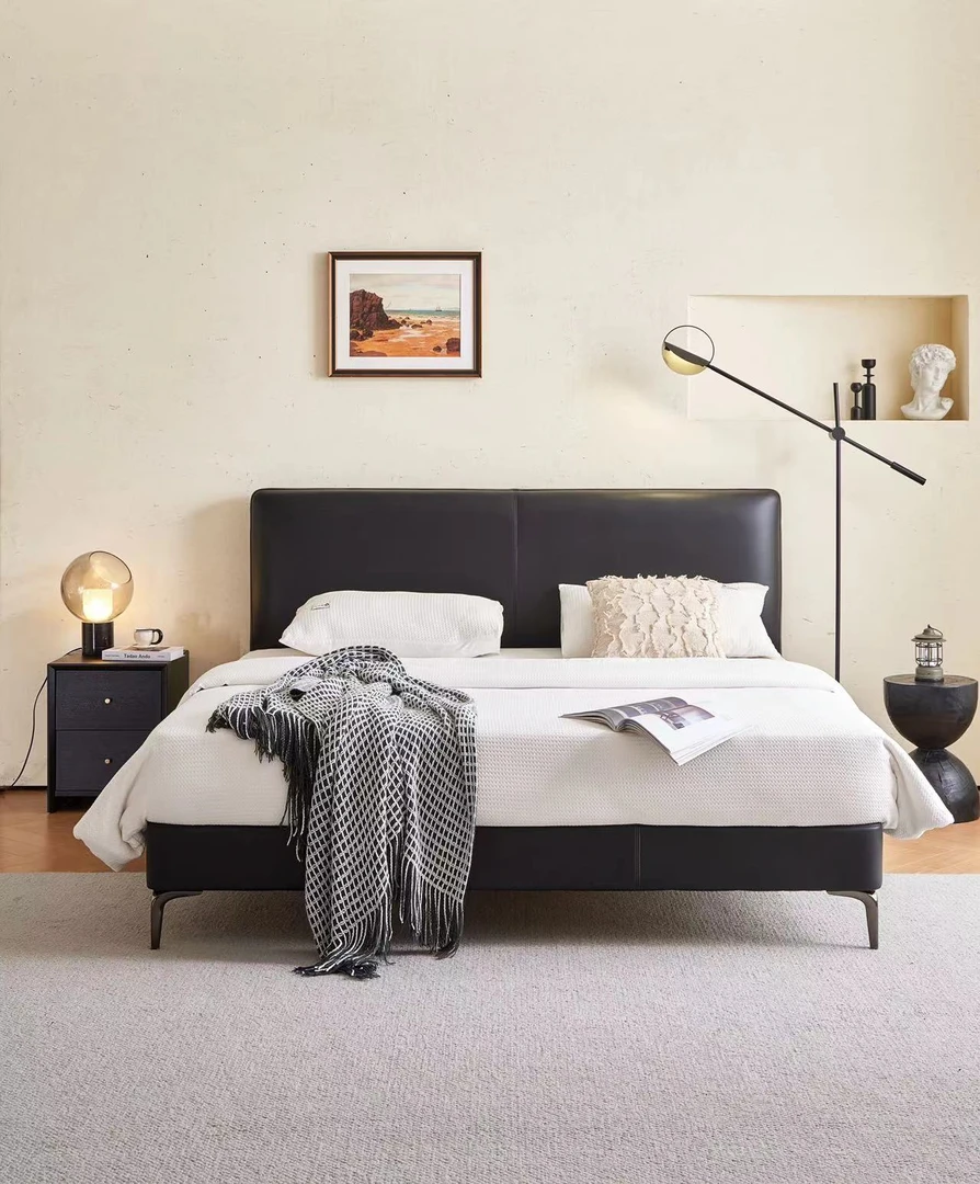 【小黑牛】全真皮意式极简小户型主卧双人床现代简约高档软包婚床
