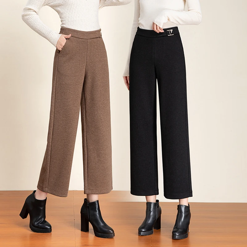 垂坠感羊毛呢阔腿裤女秋冬九分高腰垂感2025新款洋气通勤直筒裤子