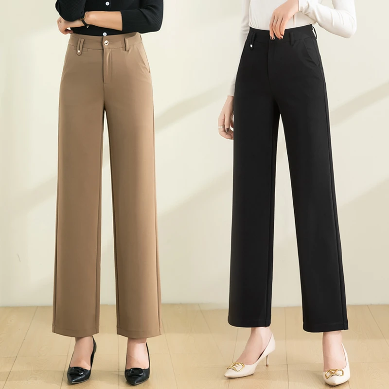 直筒西装裤春秋长裤高腰显瘦裤子九分休闲垂坠感阔腿黑色女裤宽松
