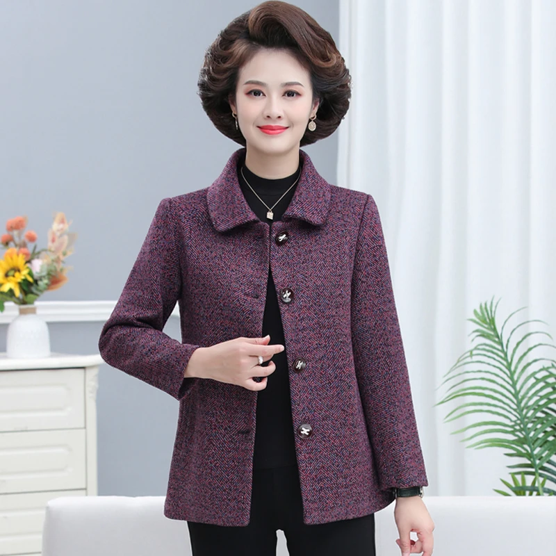 中老年人春秋外套女短款小个子妈妈装秋款洋气奶奶装毛呢妈妈秋装