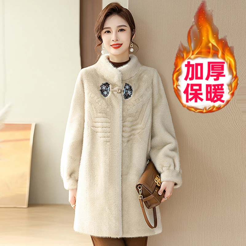 妈妈冬装保暖时尚中老年女皮毛一体加厚外套贵夫人气质水貂绒大衣