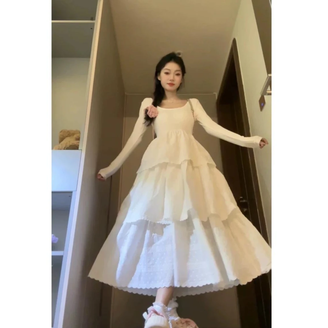 生日宴会长袖连衣裙女秋白色显瘦法式裙子蛋糕长裙收腰