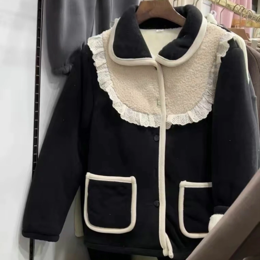 新款洋气三层加厚花边冬季家居套装短款加绒气质韩版翻领小香风