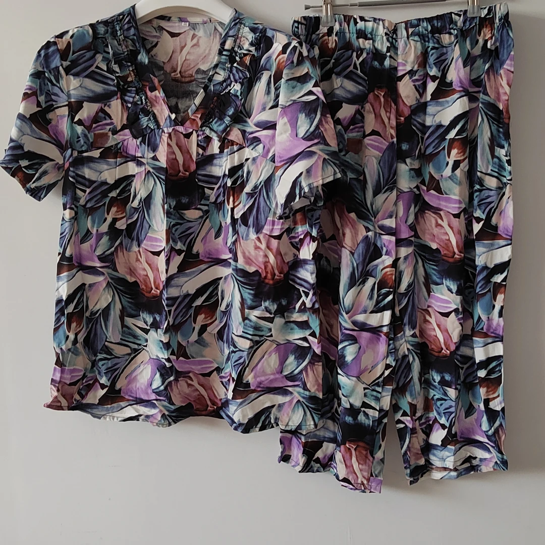 夏季棉绸睡衣女薄款短袖可外穿绵绸套装宽松中老年人造棉家居服