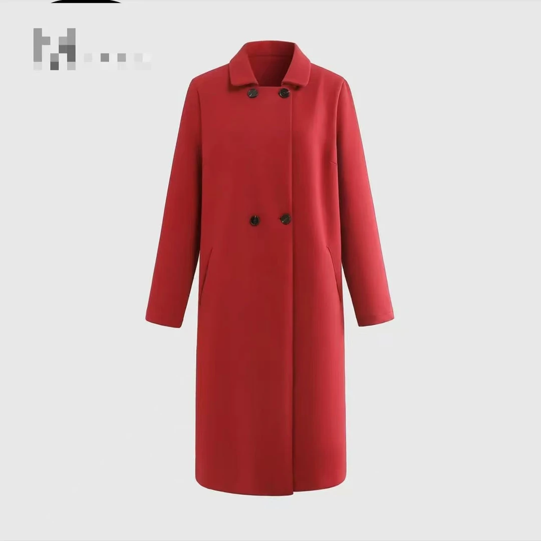 春节《不打烊》小方领双排扣韩版宽松简约空气层女装外套商务