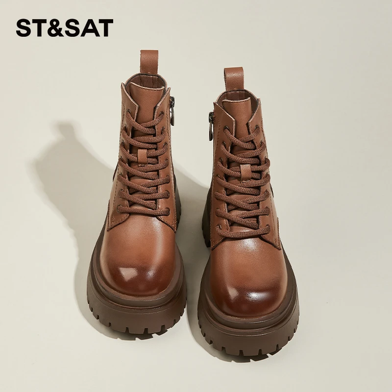 星期六雅丹风真皮厚底时装靴2025冬季加绒加厚英伦棕色系带马丁靴
