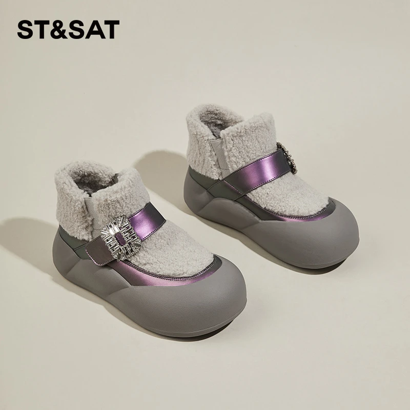 星期六女鞋加绒保暖毛毛鞋2024冬季新款外穿平厚底棉鞋时尚雪地靴
