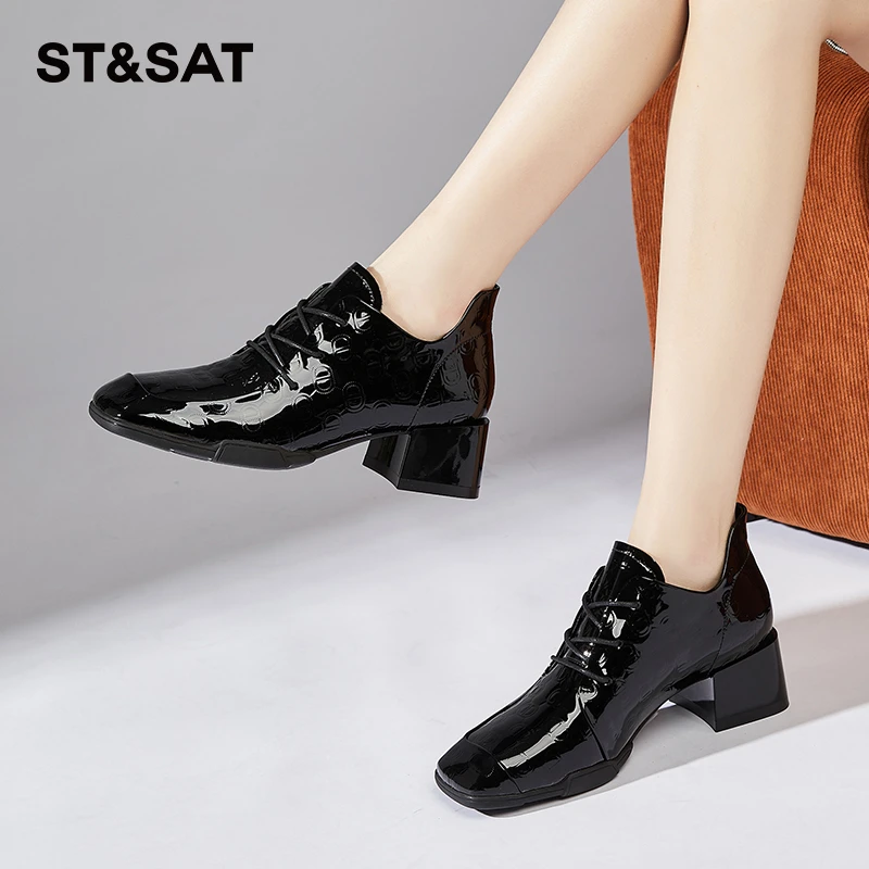 星期六漆皮粗跟高跟鞋2025秋季新款百搭系带方头深口女单鞋小皮鞋
