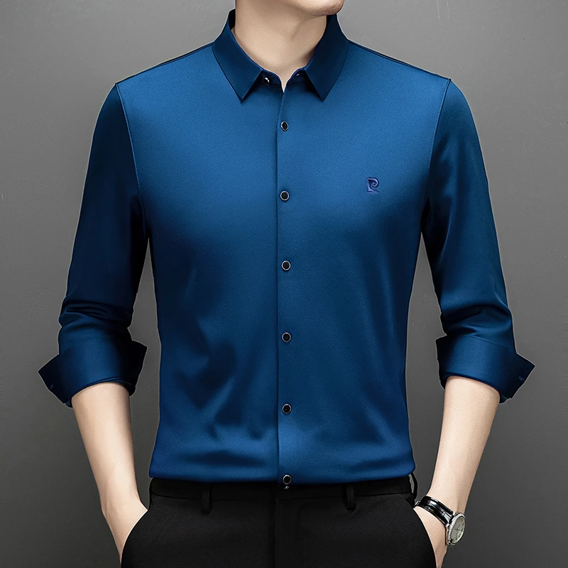 皮尔卡丹经典纯色长袖衬衫四季商务休闲抗皱衬衣无痕免烫