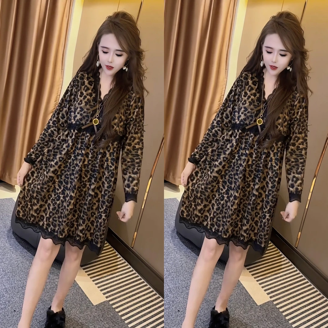 网红爆款性感豹纹宽松大码睡裙女士秋冬德绒保暖蕾丝时尚洋气外穿