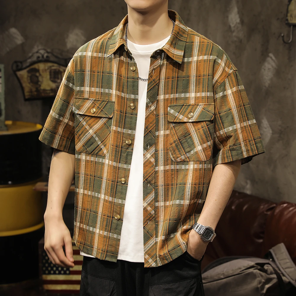 高级感格子短袖衬衫外套男士夏季潮牌宽松2025新款夏威夷海边衣服