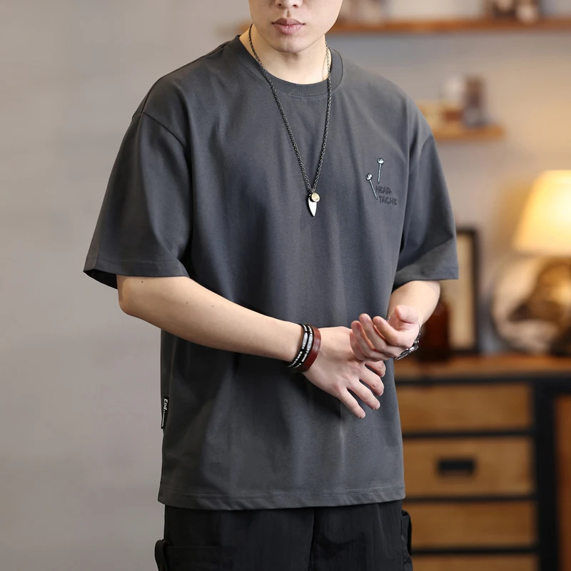 美式复古刺绣圆领t恤男士短袖夏季宽松休闲半袖体恤重磅纯棉上衣