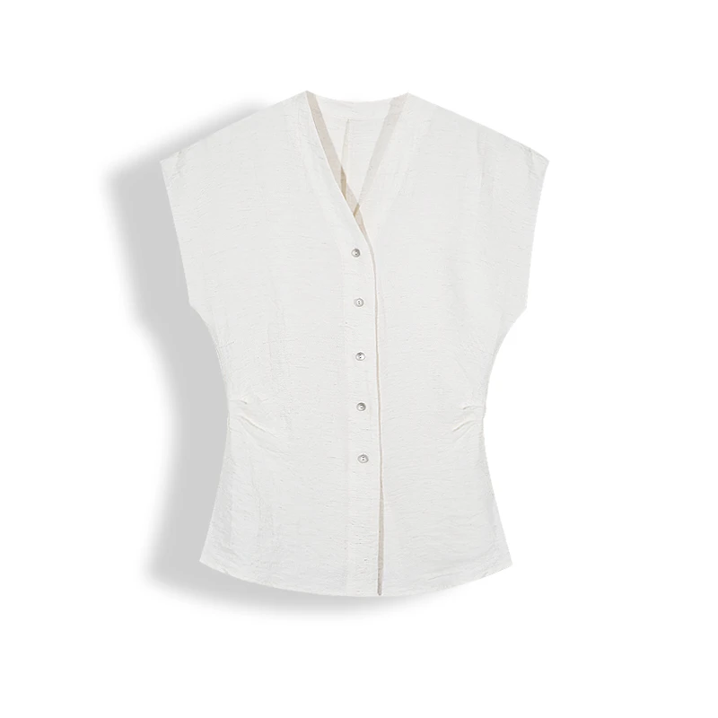 【八度陈老师】雨露亚麻收腰设计感褶皱麻感气质衬衫/马甲两穿24015