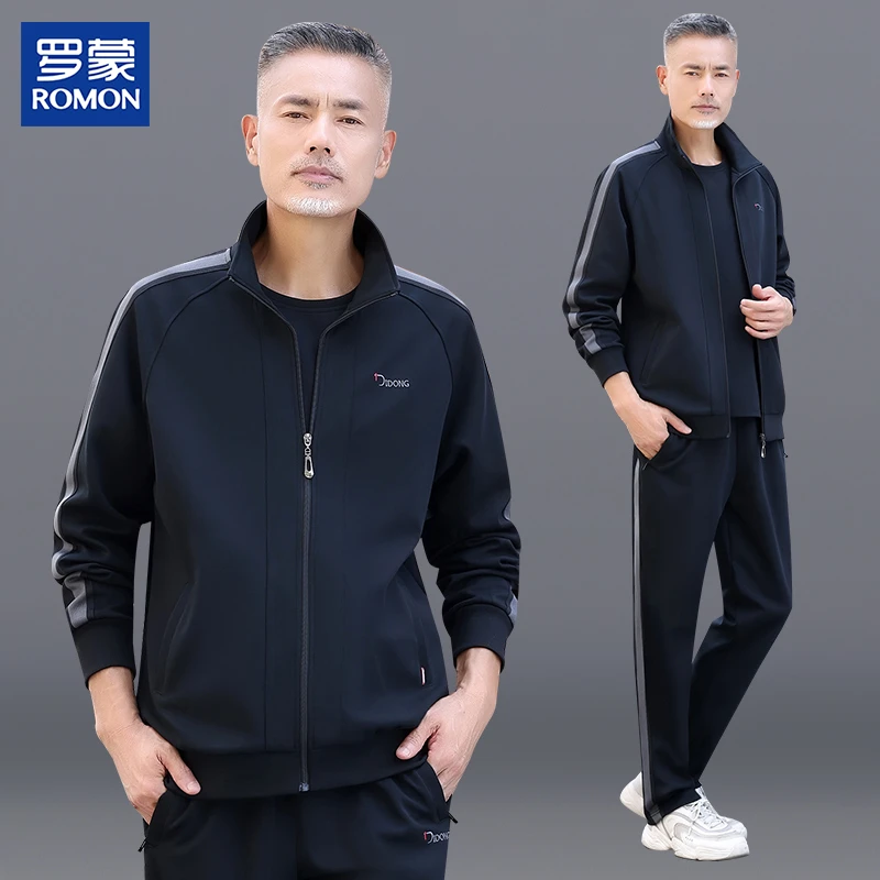 罗蒙中老年帅气爸爸春秋时尚休闲套装中年高档宽松大码男装两件套